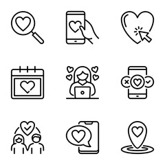 online dating line icons set. like, relationship, search, conversation, calendar, chat, meeting, romance, support, date, social, application, media, bubble, letter, message