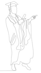One continuous line of university student celebrating graduation event wearing uniform with Mortarboard. Thin Line Illustration vector concept.