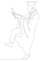 One continuous line of university student celebrating graduation event wearing uniform with Mortarboard. Thin Line Illustration vector concept.