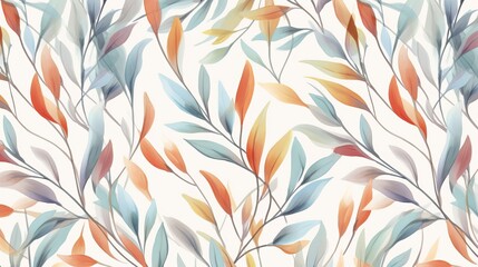 Fototapeta na wymiar Floral seamless pattern, multicolored Weeping Willow leaves on light grey background Generative AI