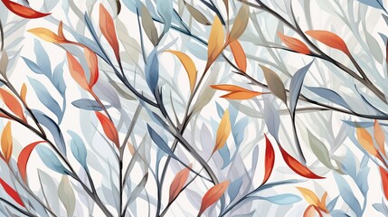 Floral seamless pattern, multicolored Weeping Willow leaves on light grey background Generative AI