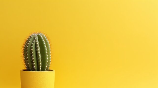 Cactus Plant Close Up. Trendy Yellow Minimal Background With Cactus Plant Generative AI