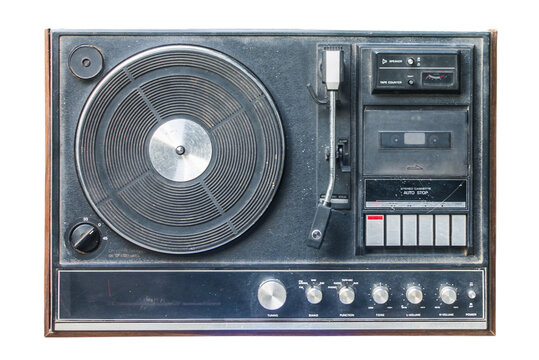 vintage turntable player on isolated background.