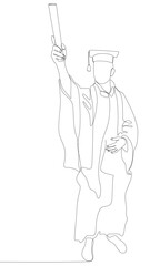 One continuous line of university student celebrating graduation event wearing uniform with Mortarboard. Thin Line Illustration vector concept.