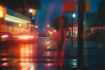 Fototapeta premium Blurred Street Film Photo. Vintage Aesthetic, Urban Night Scene, Defocused Bokeh Lights, Analog Nostalgia, Atmospheric Pedestrian Activity in Dark. Generative AI