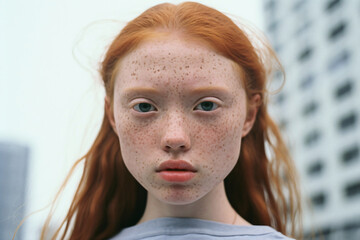 Fototapeta premium Beautiful close-up portrait of a young woman with red hair and freckles looking into the camera