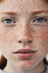 Obraz premium Beautiful close-up portrait of a young woman with red hair and freckles looking into the camera