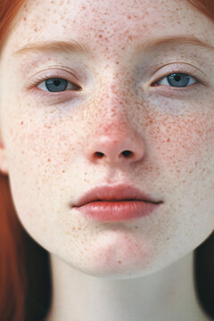 Beautiful close-up portrait of a young woman with red hair, pale skin and freckles