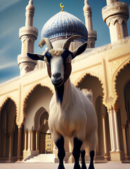 Hyper realistic goat standing in front of islamic mosque 