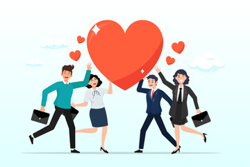 Fototapeta na wymiar Business people hold lovely heart with gratitude and thankful, gratitude, thankful or appreciation, kindness or support to success together, return good or positivity, sharing feeling (Vector)