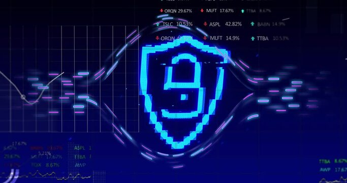 Animation of padlock, data processing over light trails