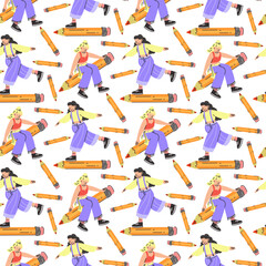 Fototapeta na wymiar A pattern of different young people holding large pencils with a seamless pattern. Happy young students write, draw. The concept of education. Knowledge Day, September. Back to school. Vector