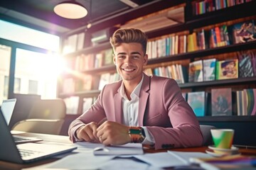 Obraz premium Portrait of young man in formalwear smiling at camera sitting at table with laptop in library, generative AI