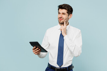 Young minded puzzled successful employee business man corporate lawyer wearing classic formal shirt...
