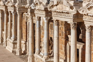 Amphitheatre classic columns in Hierapolis archeology landmark. Pamukkale, Turkey