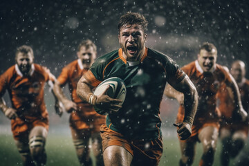 Rugby sportsman players with ball in action on stadium under lights. Emotional team under rain, splash drops. - obrazy, fototapety, plakaty