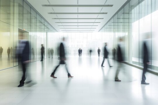 Blurred motion of group of people walking along the hall of office building, generative AI
