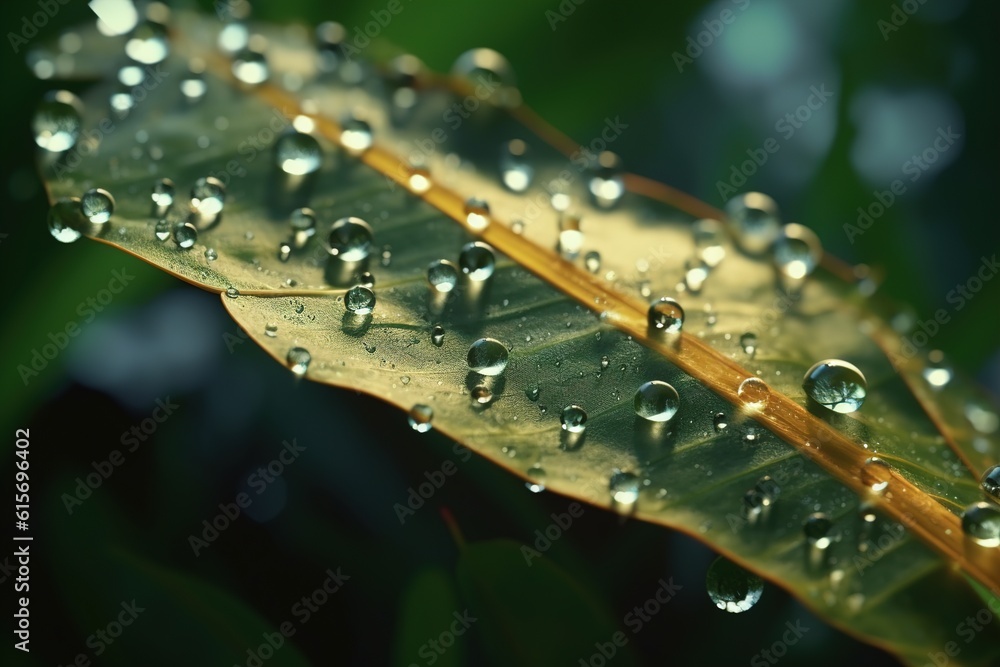 Poster raindrops on a leaf .generated by ai.