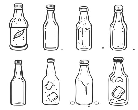 Glass soda bottle hand drawn set. Ink contour vessels with liquid. Cocktail, juice, soda, water, drink, alcohol doodle sketch style collection, isolated vector illustration