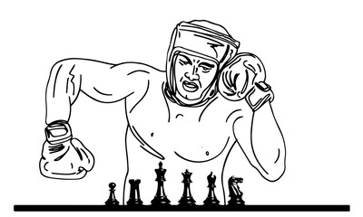 Outline Sketch of Boxer in Chess Boxing, Intelligence and Strength, Sketch Drawing of Chess Boxing, Boxer Engaged in Chess Boxing, Outline Illustration