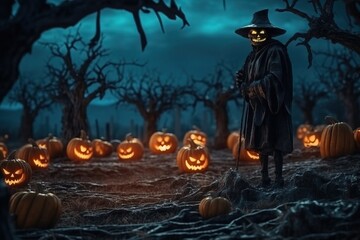 Fototapeta premium rotten jack pumpkins on the ground with grim reaper made with Generative AI