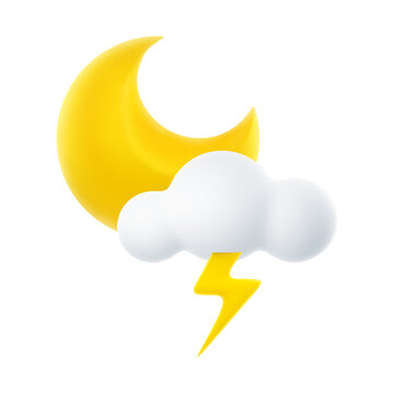 3D Cartoon Weather Icon of Night Thunderstorm. Sign of Cloud, Crescent Moon, and Lightning Isolated on White Background. Vector Illustration of 3d Render.