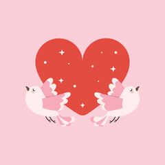 Couple birds with red heart vector, Two birds flying with love concept.