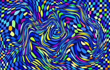 Distorted twisted checkered background. Trippy strip psychedelic pattern.