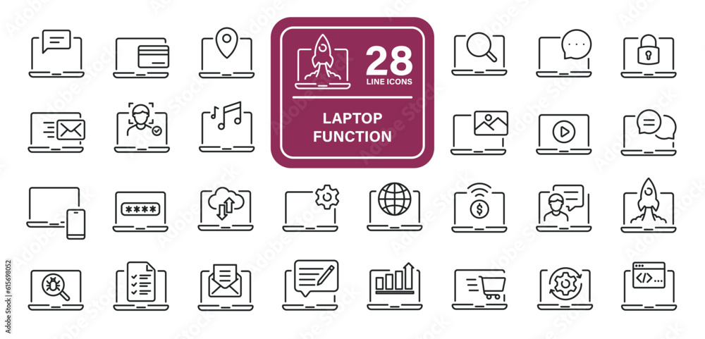 Poster laptop function, computer or notebook line icons. editable stroke. for website marketing design, log