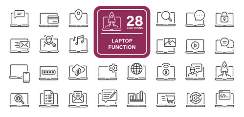 Laptop function, computer or notebook line icons. Editable stroke. For website marketing design, logo, app, template, ui, etc. Vector illustration.