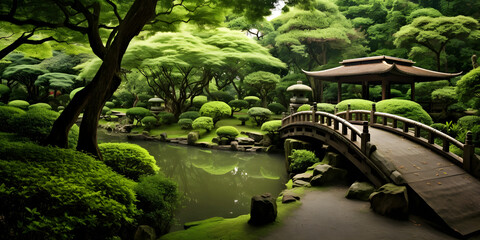 Fototapeta premium japanese garden with bridge and pond