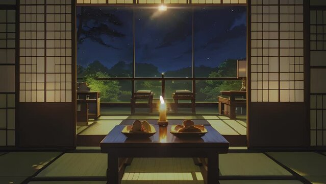 Seamless looping video animation of a Japanese house living room with a night view through an open door, depicted in anime watercolor painting style.. virtual background.