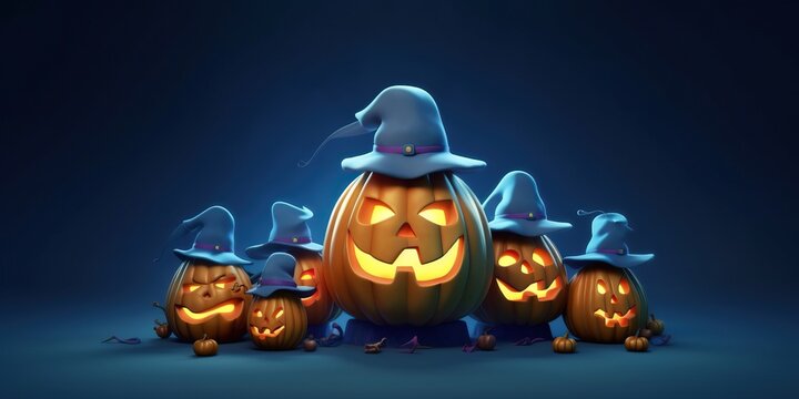 Happy halloween concept pumpkins character wearing witch hat made with Generative AI
