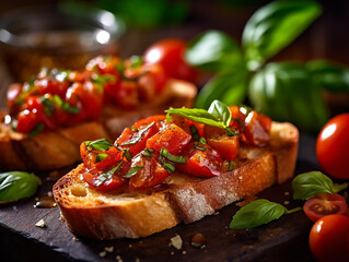 Create a realistic image of a Tomato and Basil Bruschetta.