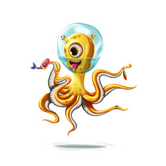 funny octopus face in bubble water on white background using illustration artwork