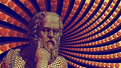 Illustration artwork of Socrates the philosopher with colorful rays at background