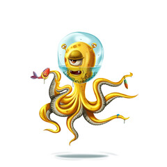 illustration of yellow octopus zombie face in water bubble tired face using illustration artwork