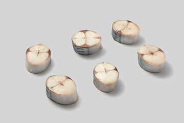 Fresh mackerel cut into six pieces.