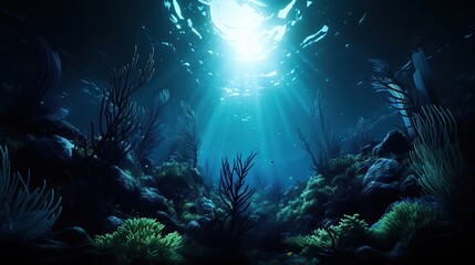 Obraz na płótnie Canvas Underwater Sea Deep Abyss With Blue Sun light generative AI