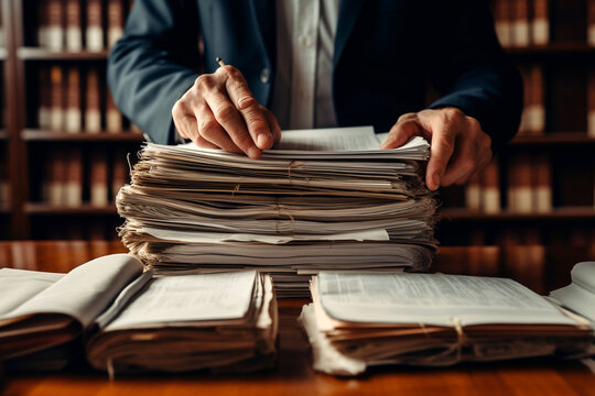 lawyer holding a stack of legal documents on his office