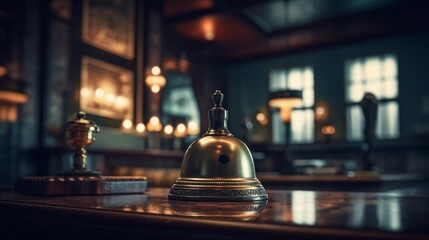 Hotel reception with bell. Generative AI - obrazy, fototapety, plakaty