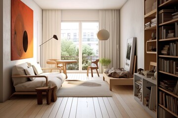 Modern apartment with bookcase and panoramic window, generative AI