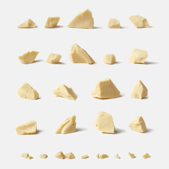 White chocolate chunks isolated on white background. Set for advertising design.
