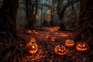 Glowing halloween pumpkins in autumn forest. Jack-O-Lantern. Fall season landscape with trees and pumpkin crop. Festive holiday greeting card wallpaper. Dark magic wood october scene