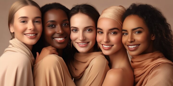 Skincare, diversity and women hug portrait for inclusivity, happiness and healthy skin texture. Interracial beauty and model group with woman smile for cosmetic campaign. Generative AI
