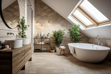 Modern bathroom with big window, super photo realistic background. Generative ai illustration