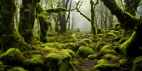 moss forest in the fog