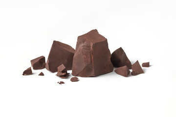 Natural dark chocolate pieces on white background.