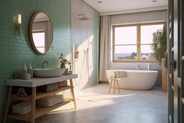 Modern bathroom with big window, super photo realistic background. Generative ai illustration