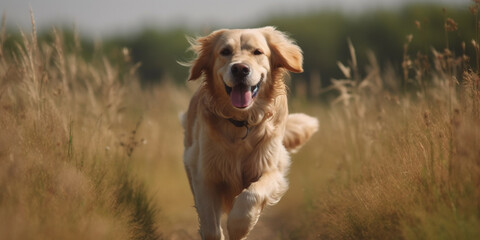 A happy golden retriever running through a field